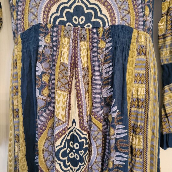 Earthbound Trading‎ Boho Maxi Dress Ethnic Print Flared Sleeves M Blue Green - Picture 5 of 7